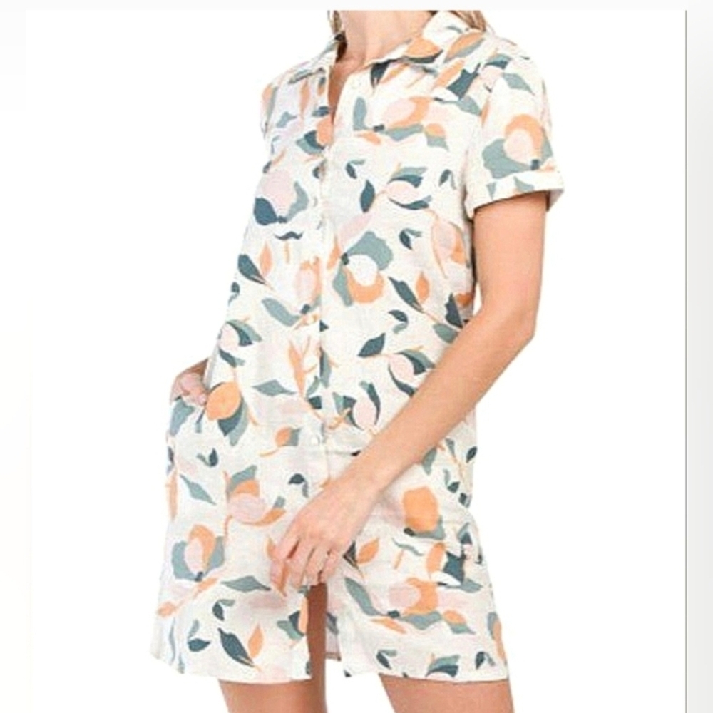 Rachel Zoe Women's Mini Dress 100% Linen with Orange and Blue Leaf Pattern